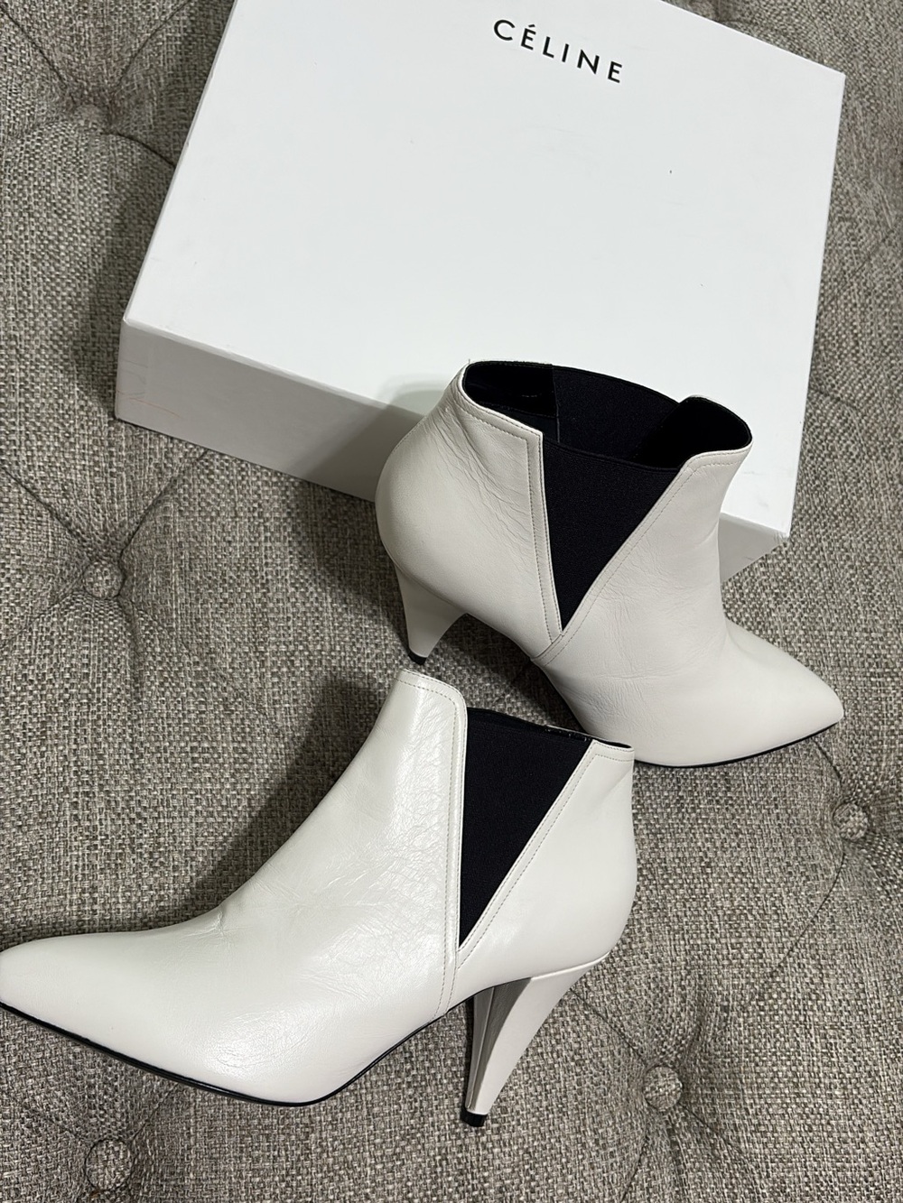 Celine White Leather Pointed Ankle Boots with Black Elastic